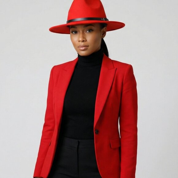 Red Belt Buckle Trim Wide Brim Felt Hat main image 4